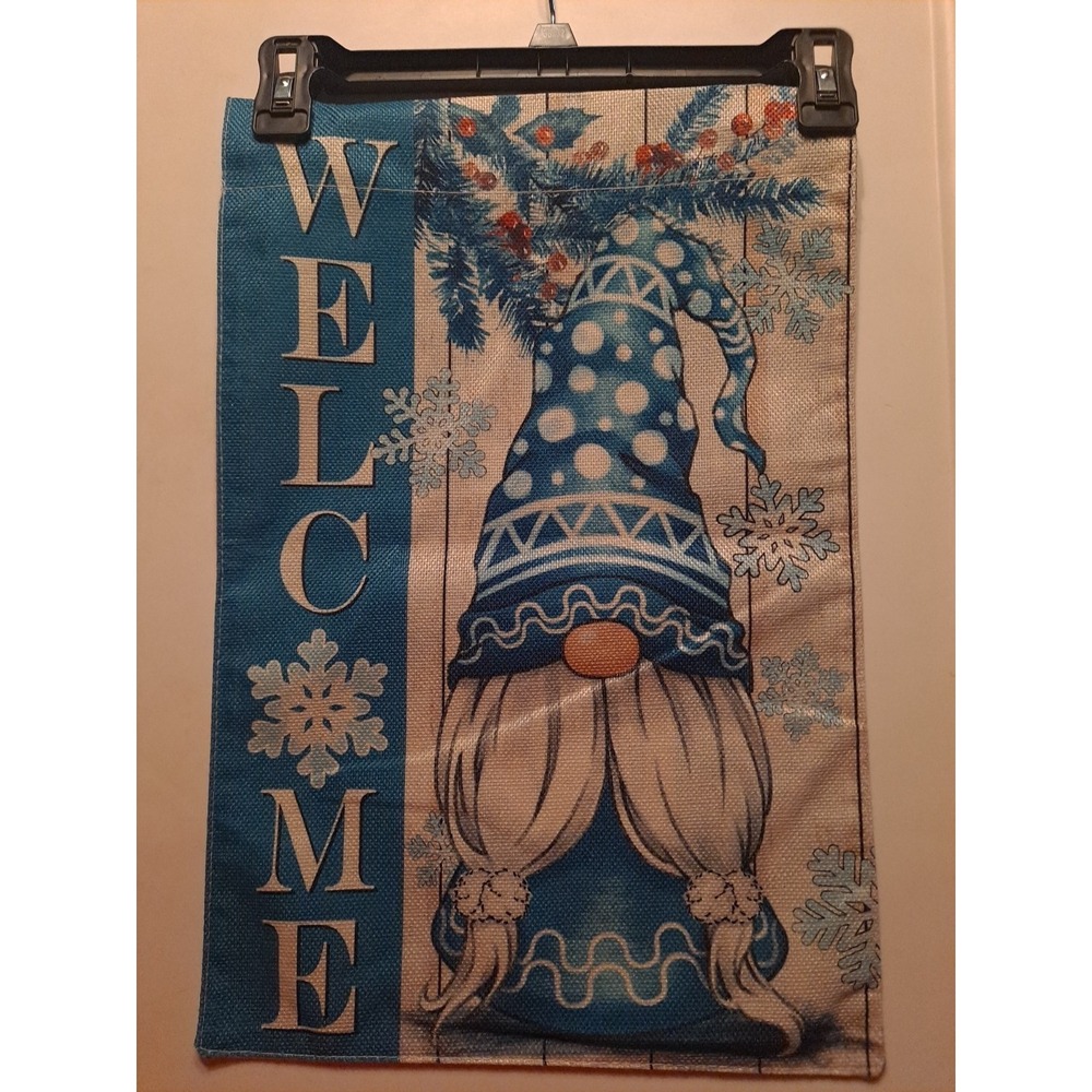 NEW 1pc Double Sided Welcome With Winter Blue Gnome Garden Flag 12x18 Snowflakes